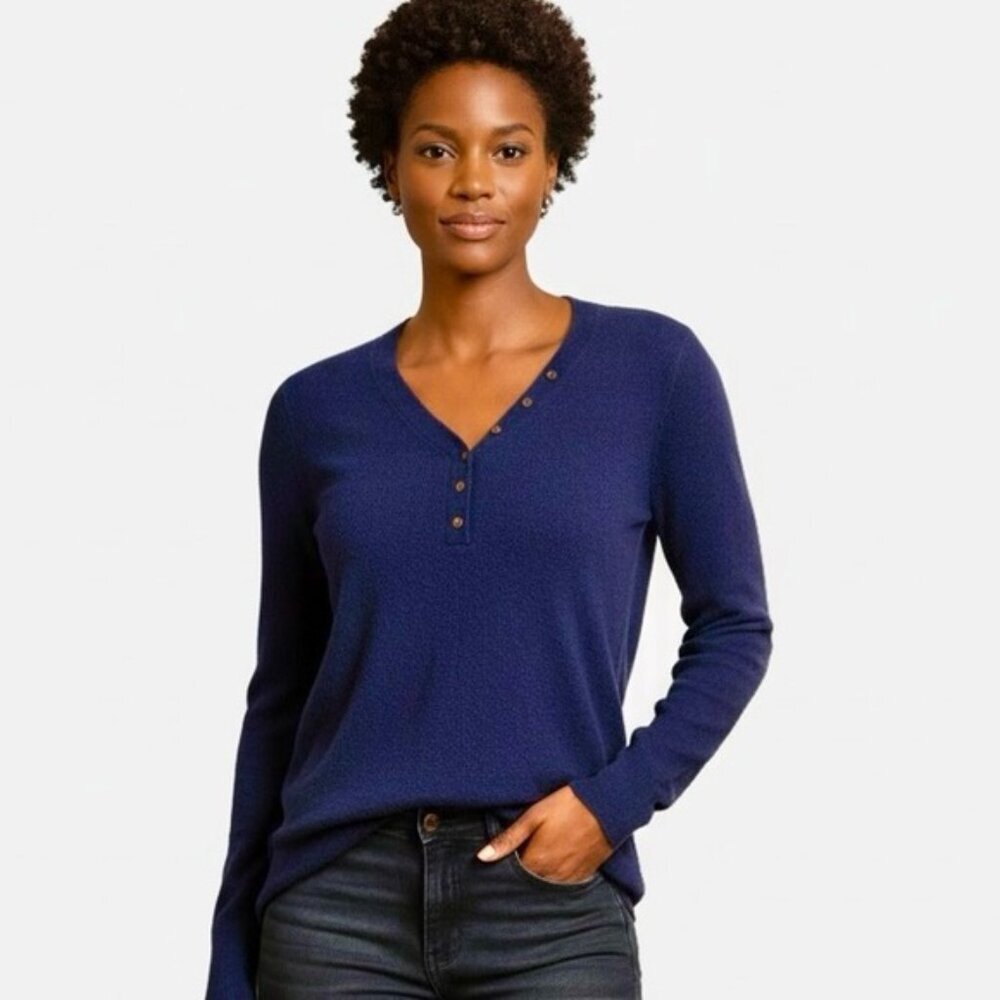 Kenar NEW Cashmere 2-ply Sweater Knit Henley Buttons Top Soft Cozy VNeck Tunic M